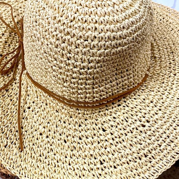Boho Crochet Adjustable Wide Brim Leather Band Portable Summer Fishermen Hat NEW - Picture 3 of 4